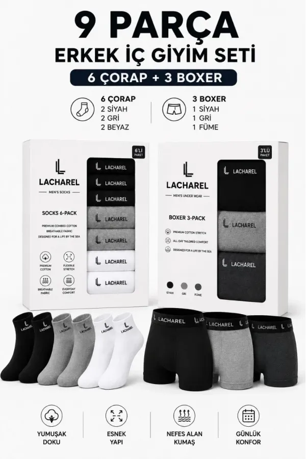 Erkek 9'Lu İç Giyim Seti Pamuklu 3 Boxer 6 Çorap Çoklu Paket - Siyah - Füme - Gri - Beyaz