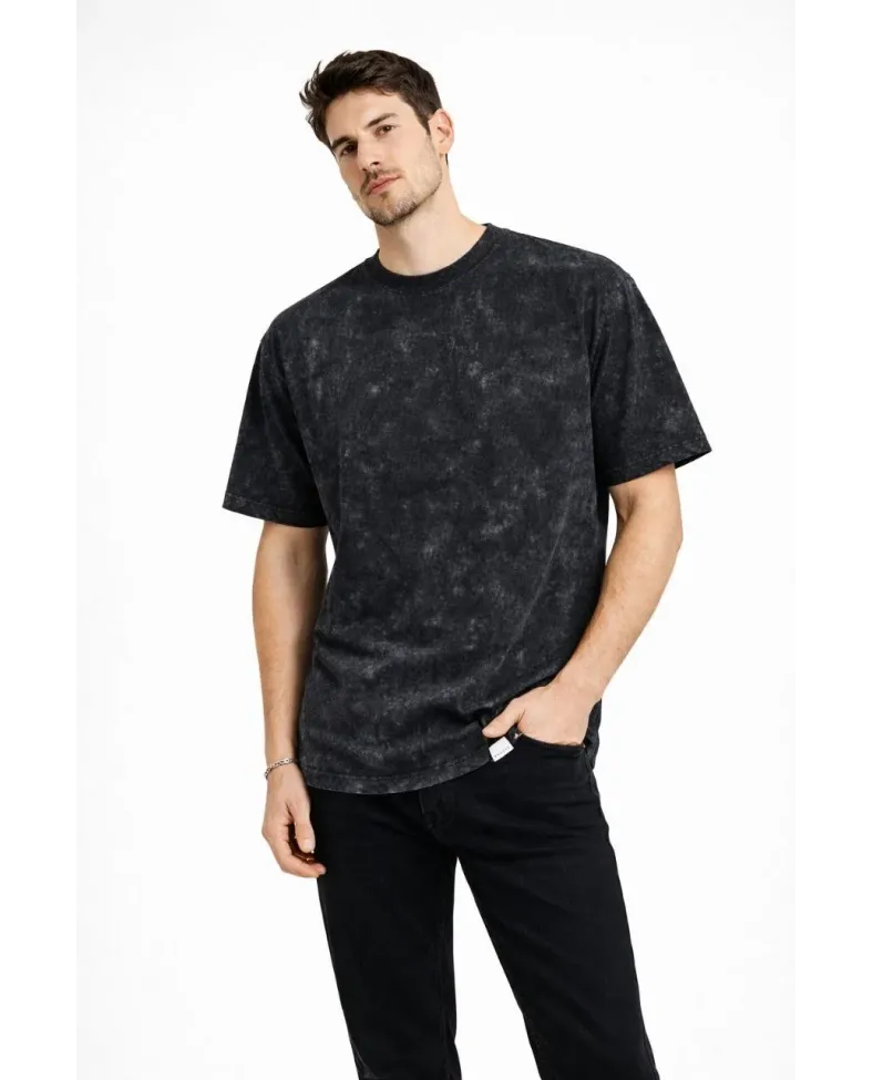 Erkek Asit Yıkama Bisiklet Yaka Kısa Kollu Oversize T-Shirt Tişört - Siyah