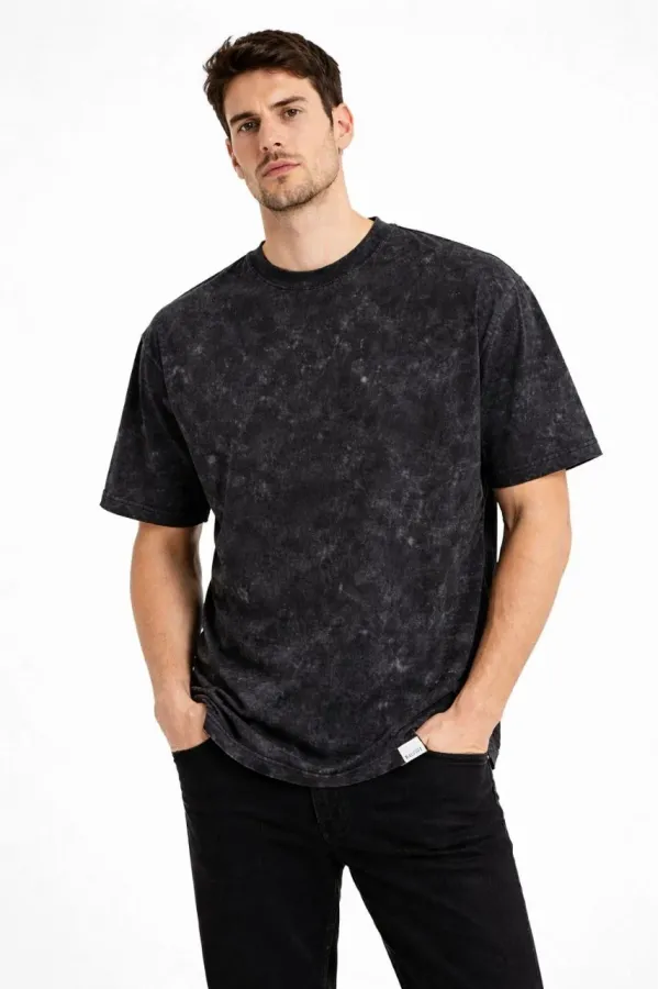 Erkek Asit Yıkama Bisiklet Yaka Kısa Kollu Oversize T-Shirt Tişört - Siyah