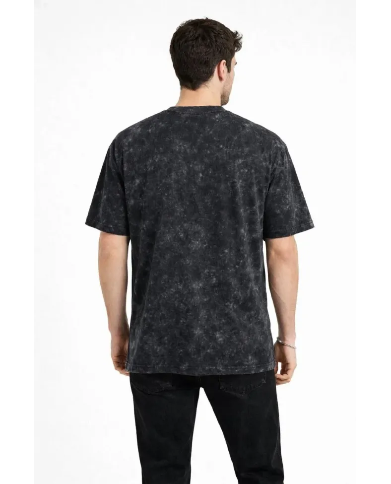 Erkek Asit Yıkama Bisiklet Yaka Kısa Kollu Oversize T-Shirt Tişört - Siyah