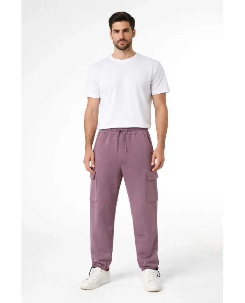 Erkek Baggy Üç İplik Kargo Cepli Eşofman Ayarlanabilir Paça Beli İpli Pantolon - Gül Kurusu