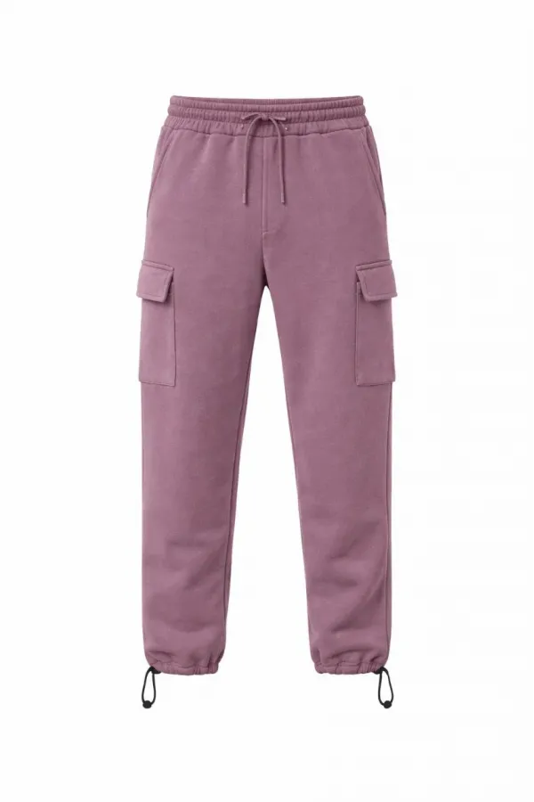 Erkek Baggy Üç İplik Kargo Cepli Eşofman Ayarlanabilir Paça Beli İpli Pantolon - Gül Kurusu