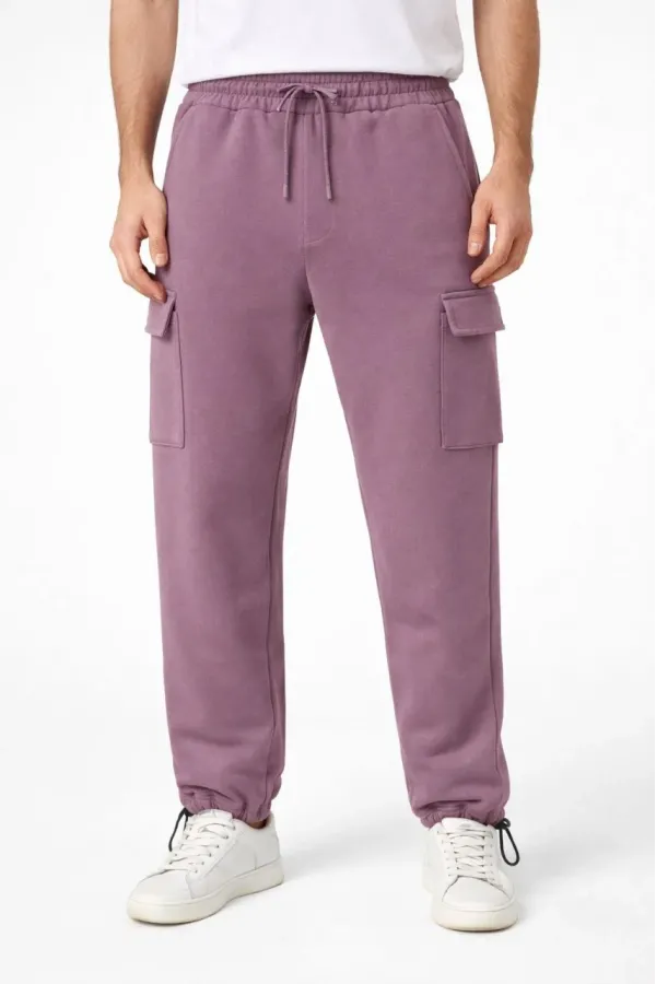 Erkek Baggy Üç İplik Kargo Cepli Eşofman Ayarlanabilir Paça Beli İpli Pantolon - Gül Kurusu