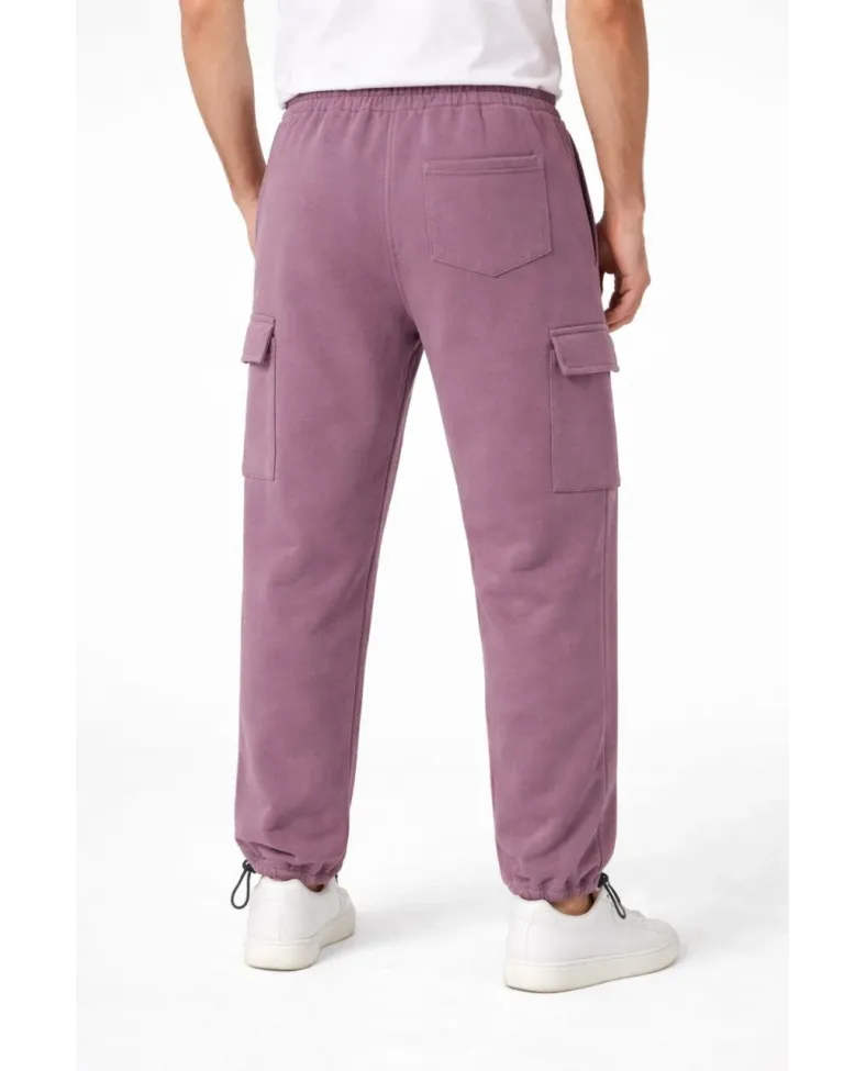 Erkek Baggy Üç İplik Kargo Cepli Eşofman Ayarlanabilir Paça Beli İpli Pantolon - Gül Kurusu