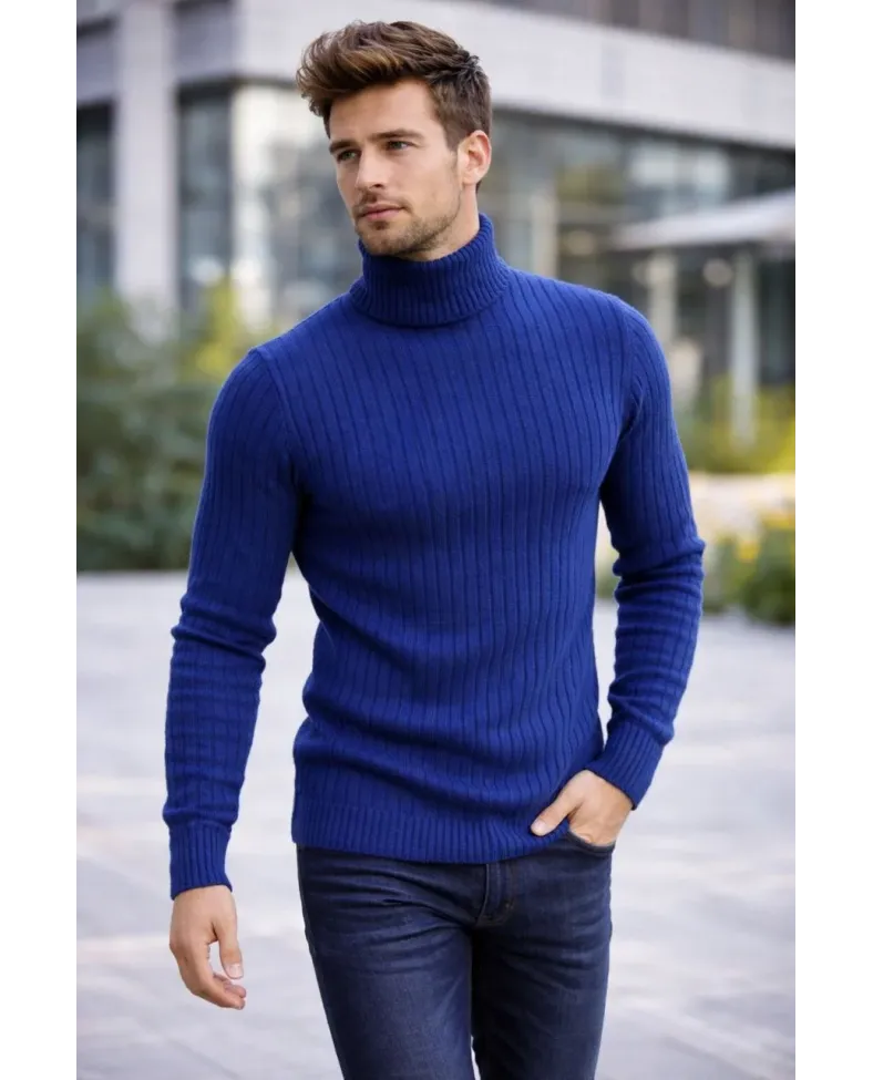 Erkek Balıkcı Yaka Bağazlı Triko Kazak Pamuklu Kalın Fitilli Dokuma Regular Fit - İndigo