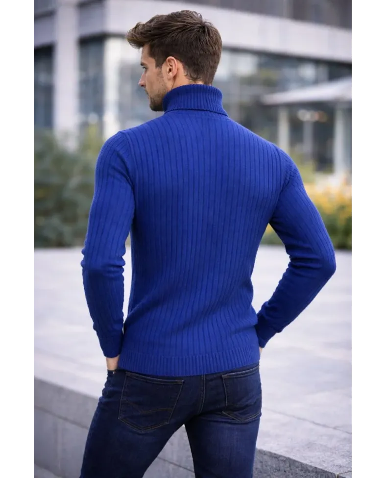 Erkek Balıkcı Yaka Bağazlı Triko Kazak Pamuklu Kalın Fitilli Dokuma Regular Fit - İndigo