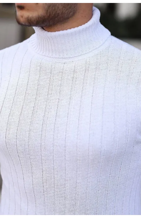 Erkek Balıkçı Yaka Tam Boğazlı Kalın Fitilli Regular Fit Triko Kazak - Beyaz