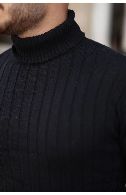 Erkek Balıkçı Yaka Tam Boğazlı Kalın Fitilli Regular Fit Triko Kazak - Siyah
