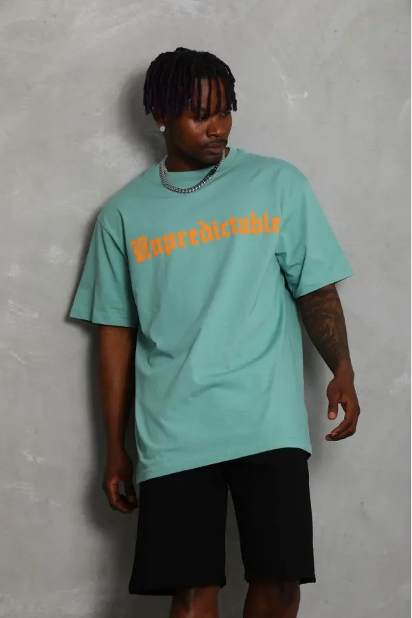 Erkek Baskılı Tişört Kısa Kol Bisiklet Yaka Oversize T-Shirt - Mint Yeşili