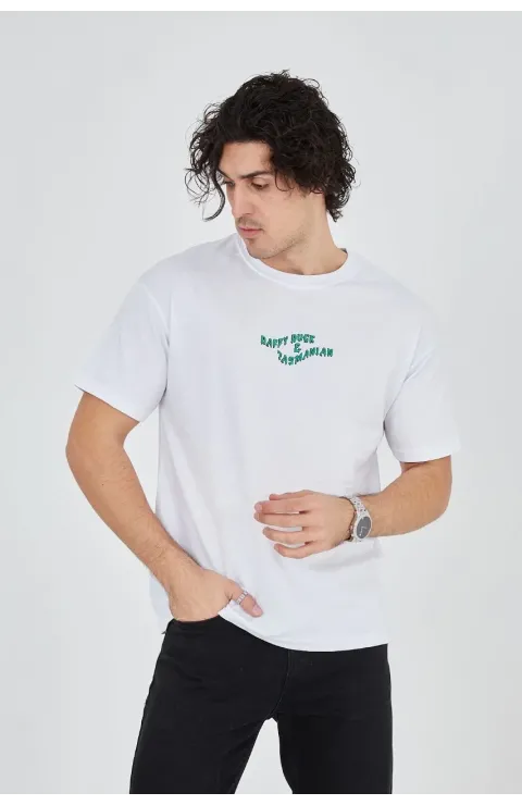 Erkek Baskılı T-Shirt Kısa Kol Bisiklet Yaka Regular Fit Rahat Kalıp Günlük Tişört - Beyaz