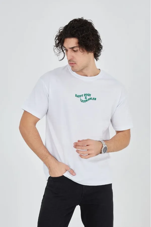 Erkek Baskılı T-Shirt Kısa Kol Bisiklet Yaka Regular Fit Rahat Kalıp Günlük Tişört - Beyaz