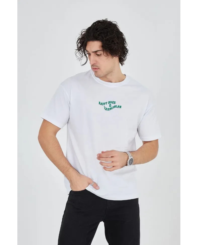 Erkek Baskılı T-Shirt Kısa Kol Bisiklet Yaka Regular Fit Rahat Kalıp Günlük Tişört - Beyaz