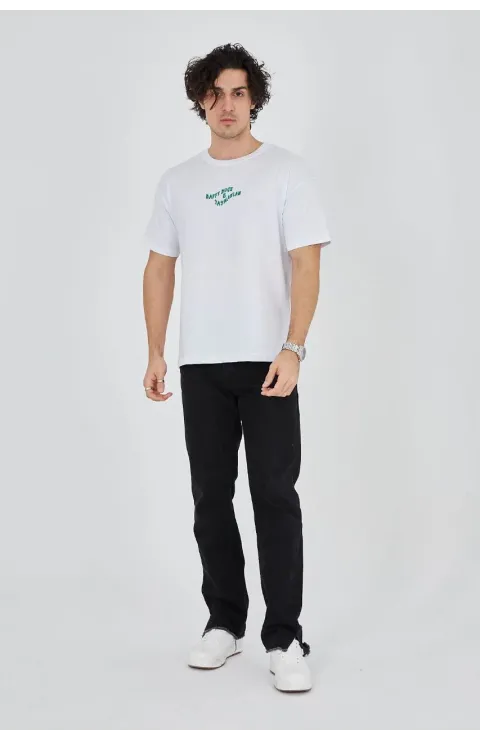 Erkek Baskılı T-Shirt Kısa Kol Bisiklet Yaka Regular Fit Rahat Kalıp Günlük Tişört - Beyaz