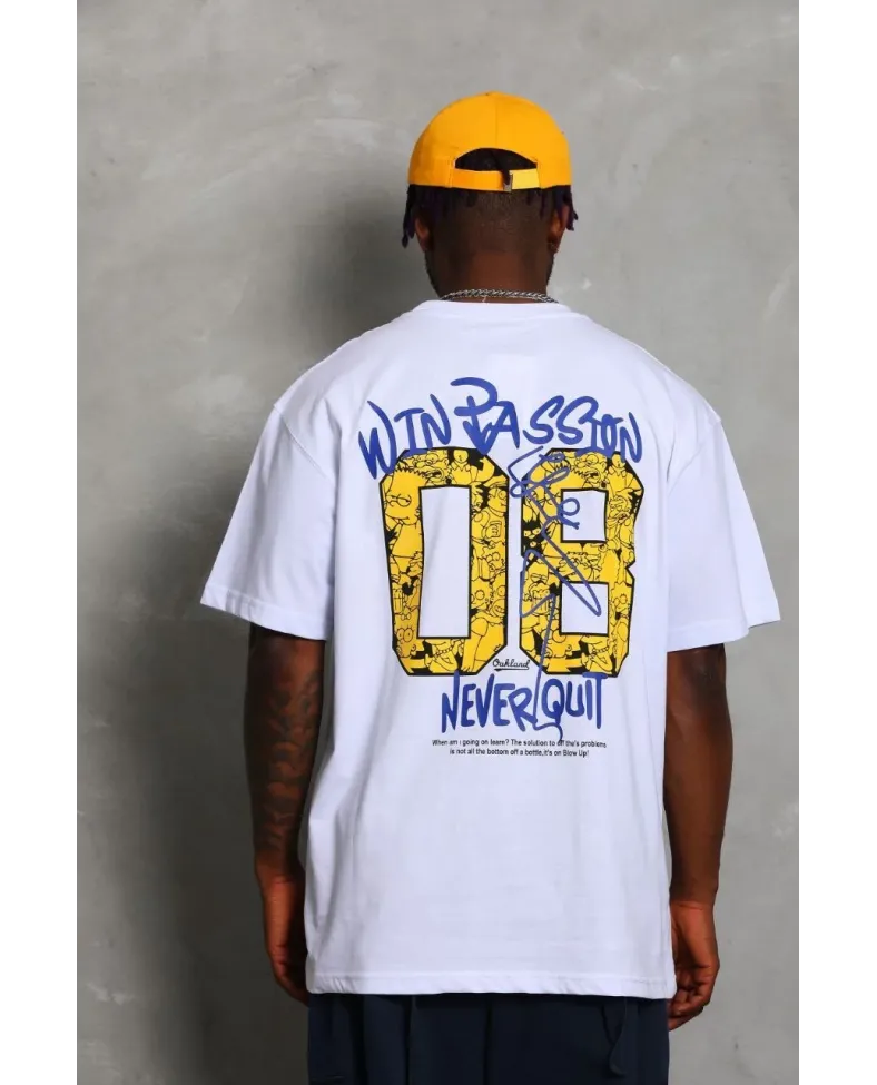 Erkek Baskılı Tişört Kısa Kol Bisiklet Yaka Oversize T-Shirt - Beyaz