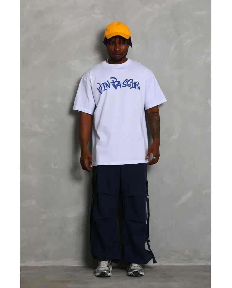 Erkek Baskılı Tişört Kısa Kol Bisiklet Yaka Oversize T-Shirt - Beyaz