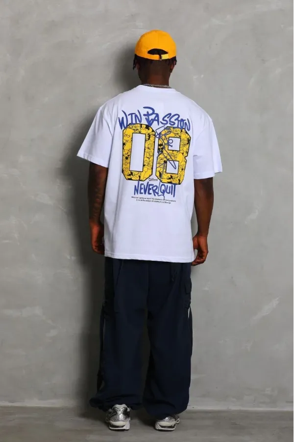 Erkek Baskılı Tişört Kısa Kol Bisiklet Yaka Oversize T-Shirt - Beyaz