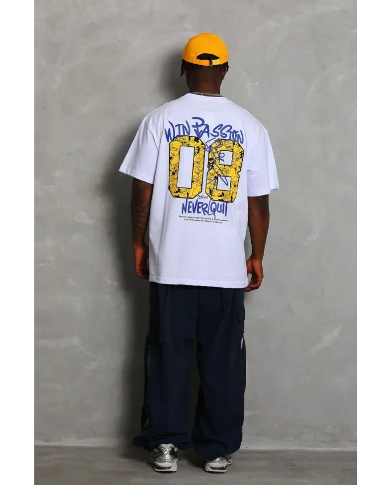 Erkek Baskılı Tişört Kısa Kol Bisiklet Yaka Oversize T-Shirt - Beyaz