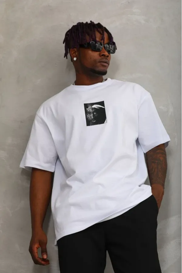 Erkek Kısa kol Baskılı Bisiklet Yaka T-Shirt - Beyaz