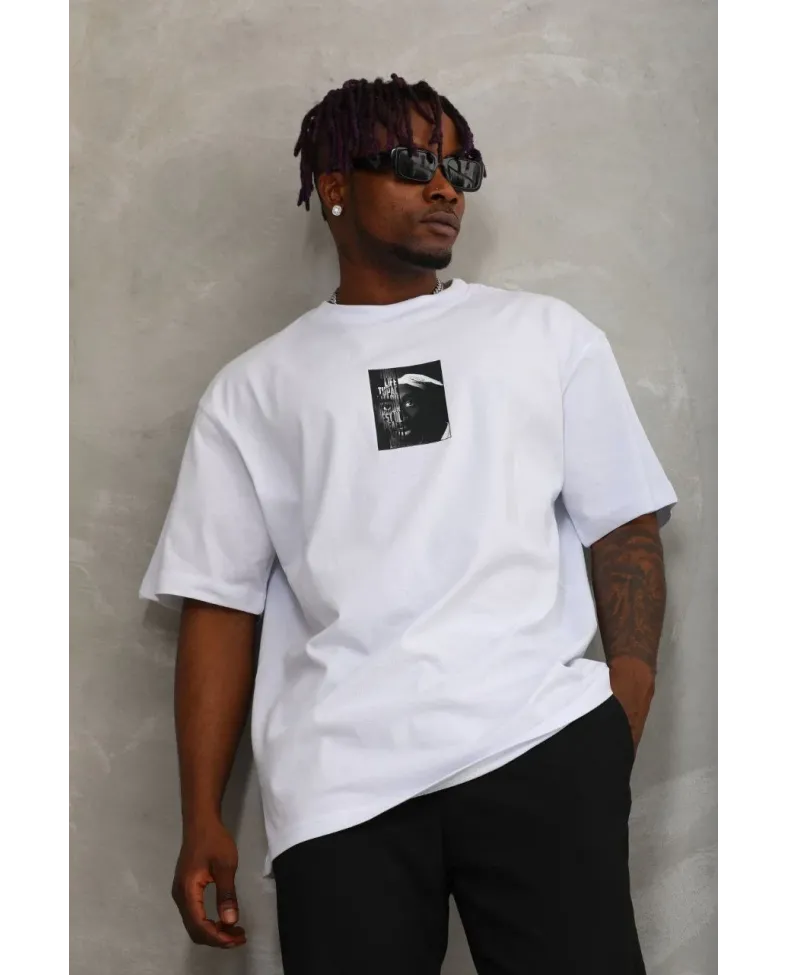 Erkek Kısa kol Baskılı Bisiklet Yaka T-Shirt - Beyaz