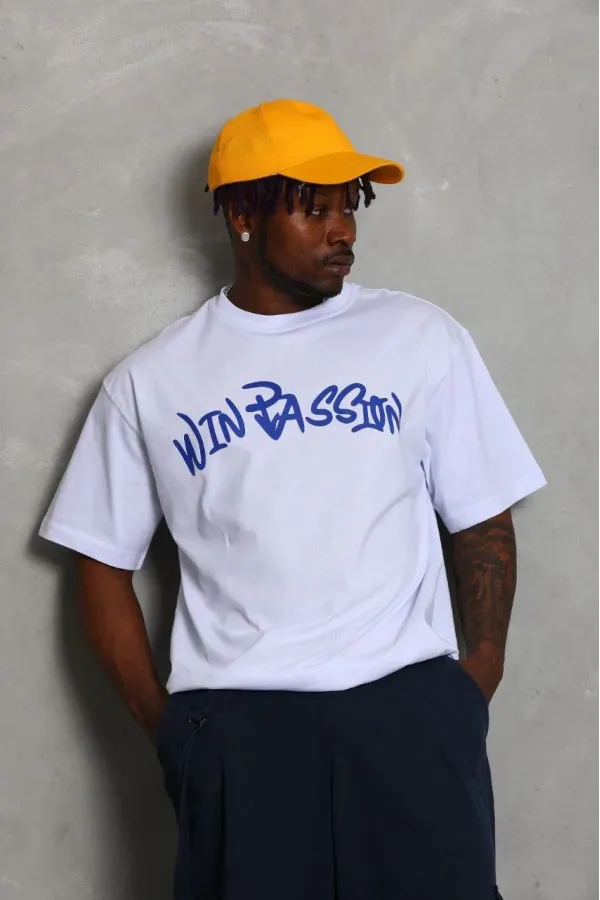 Erkek Baskılı Tişört Kısa Kol Bisiklet Yaka Oversize T-Shirt - Beyaz