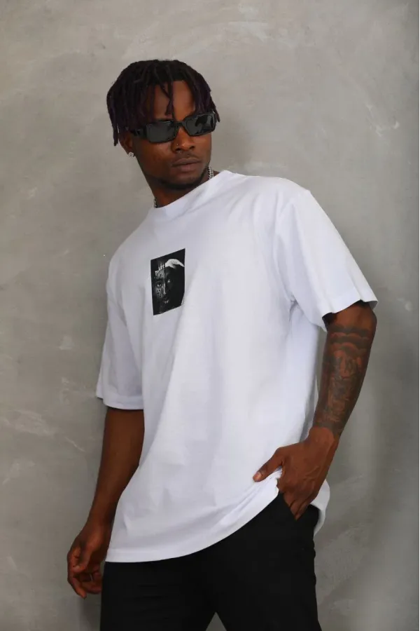 Erkek Kısa kol Baskılı Bisiklet Yaka T-Shirt - Beyaz