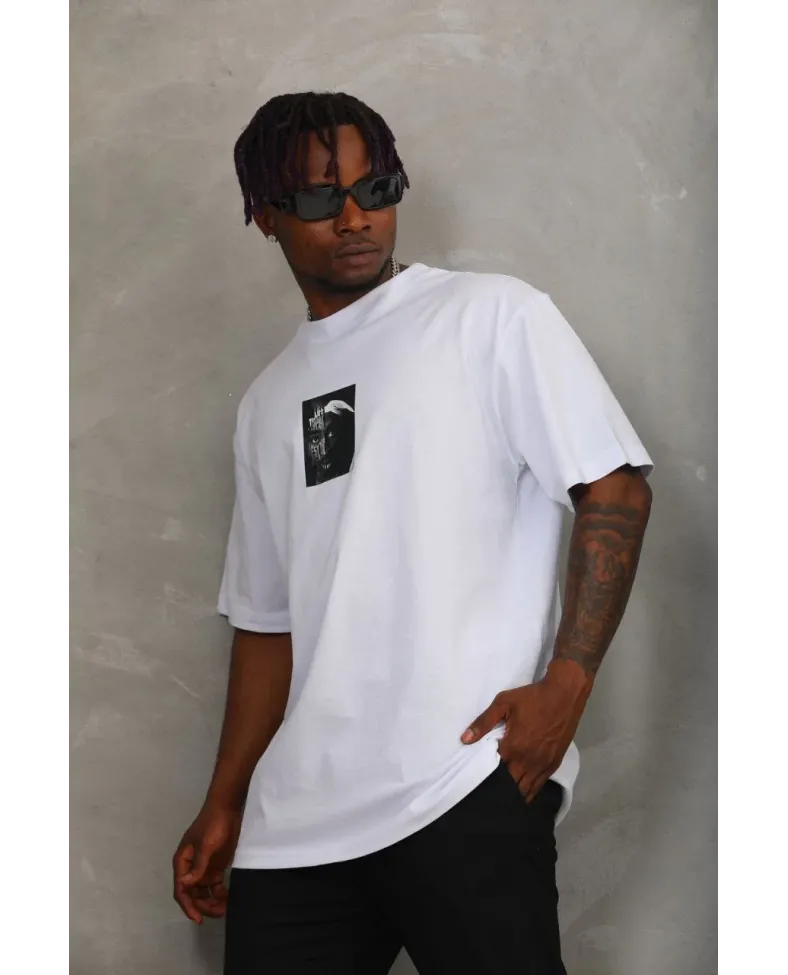 Erkek Kısa kol Baskılı Bisiklet Yaka T-Shirt - Beyaz