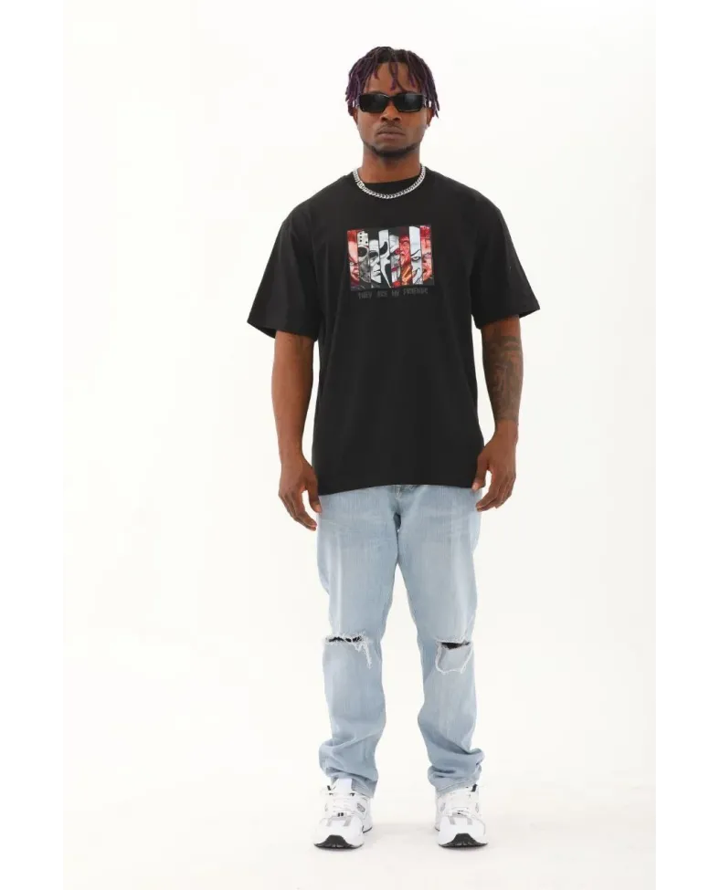 Erkek Baskılı T-Shirt Kısa Kol Bisiklet Yaka Regular Fit Rahat Kalıp Günlük Tişört - Siyah