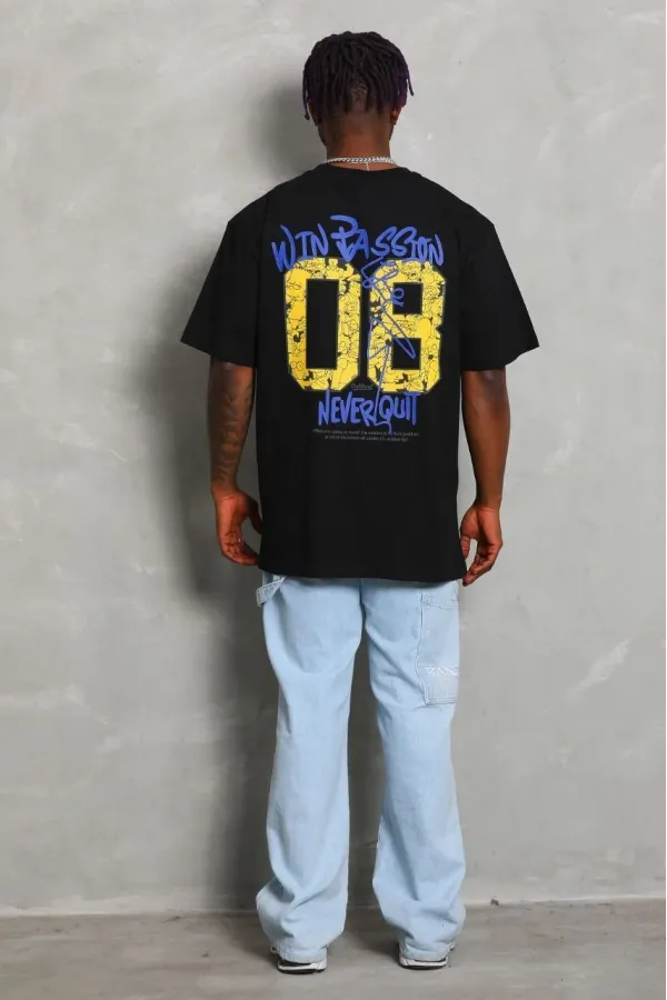 ERKEK Oversize Baskılı Bisiklet Yaka - Siyah