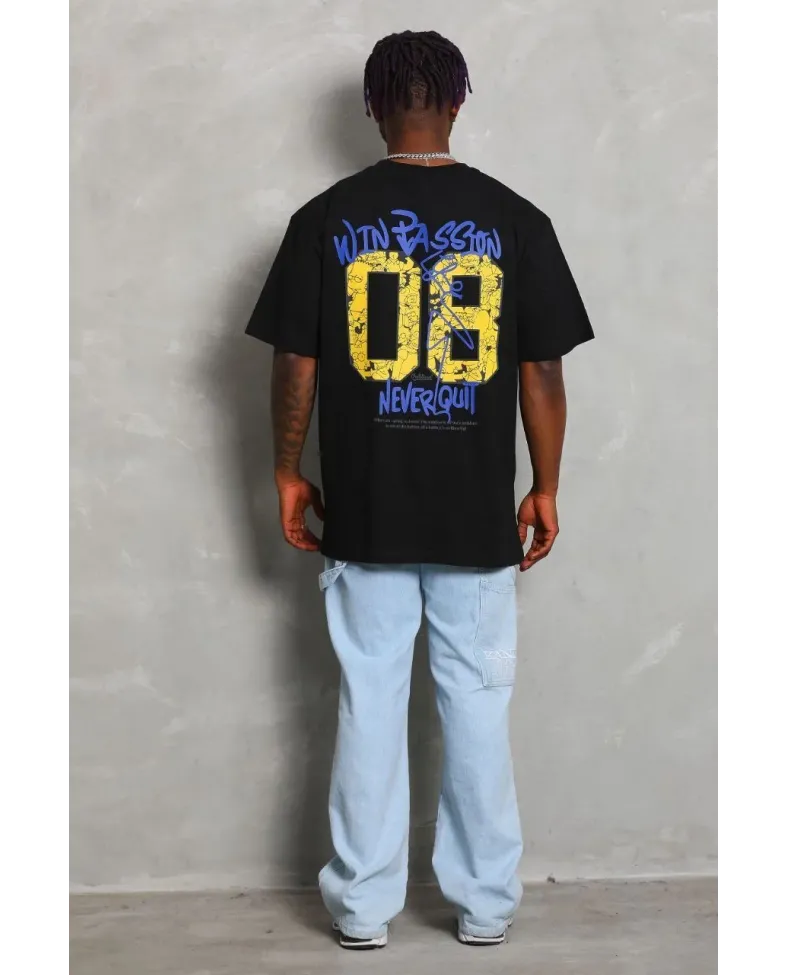 ERKEK Oversize Baskılı Bisiklet Yaka - Siyah