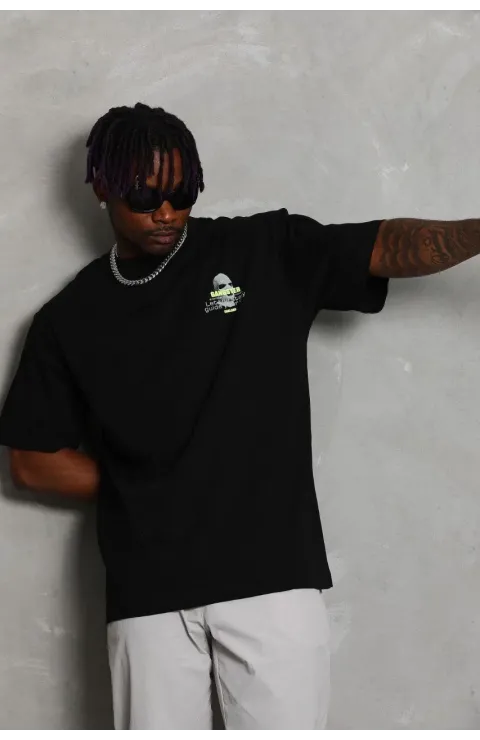 Erkek Baskılı T-Shirt Kısa Kol Bisiklet Yaka Rahat Kalıp Tişört  - Siyah