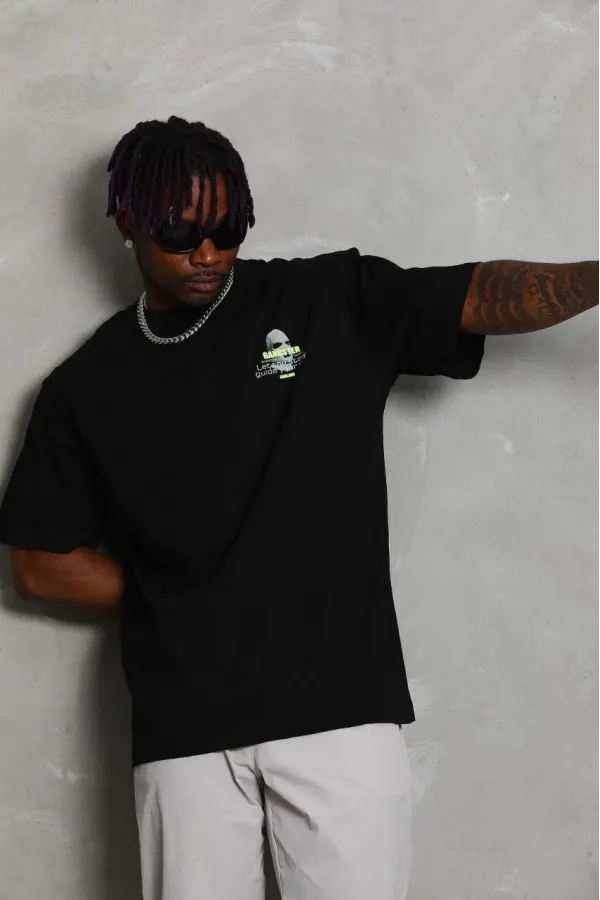 Erkek Baskılı T-Shirt Kısa Kol Bisiklet Yaka Rahat Kalıp Tişört  - Siyah