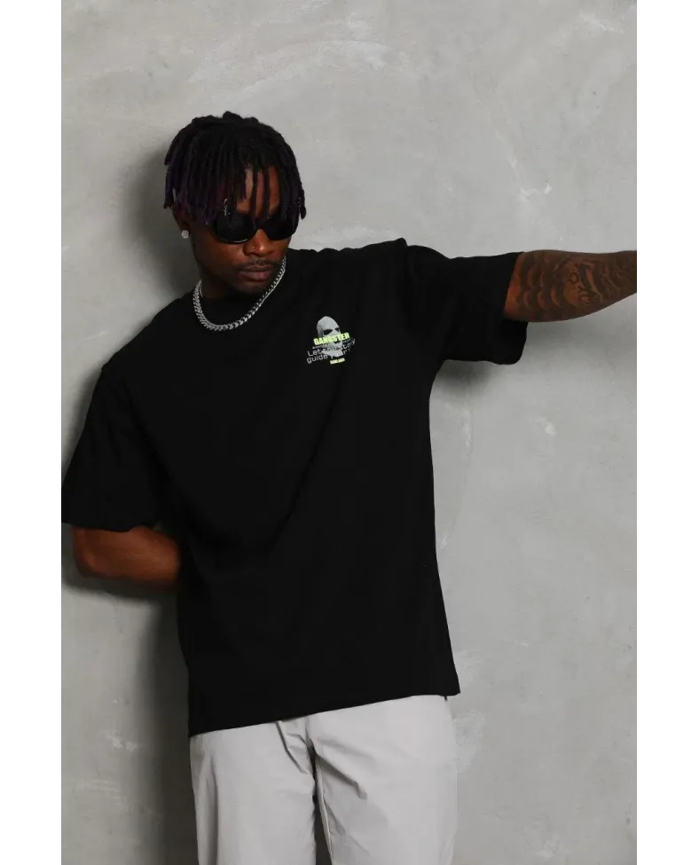 Erkek Baskılı T-Shirt Kısa Kol Bisiklet Yaka Rahat Kalıp Tişört  - Siyah