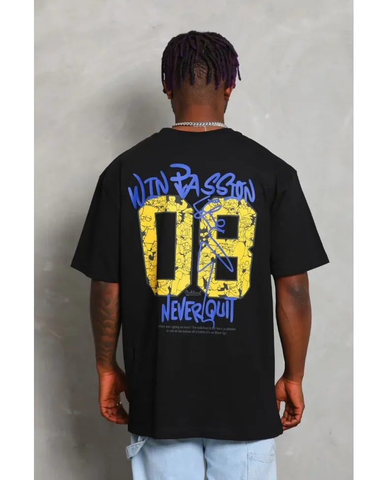 ERKEK Oversize Baskılı Bisiklet Yaka - Siyah