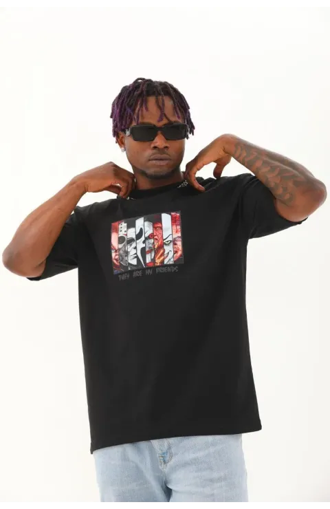 Erkek Baskılı T-Shirt Kısa Kol Bisiklet Yaka Regular Fit Rahat Kalıp Günlük Tişört - Siyah