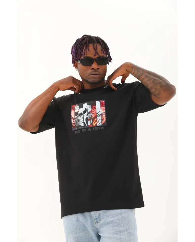 Erkek Baskılı T-Shirt Kısa Kol Bisiklet Yaka Regular Fit Rahat Kalıp Günlük Tişört - Siyah