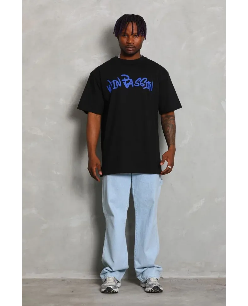 ERKEK Oversize Baskılı Bisiklet Yaka - Siyah