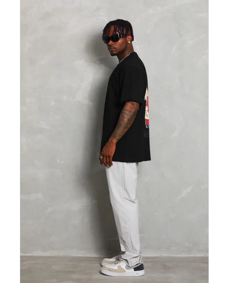 Erkek Baskılı T-Shirt Kısa Kol Bisiklet Yaka Rahat Kalıp Tişört - Siyah