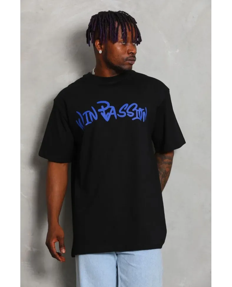 ERKEK Oversize Baskılı Bisiklet Yaka - Siyah