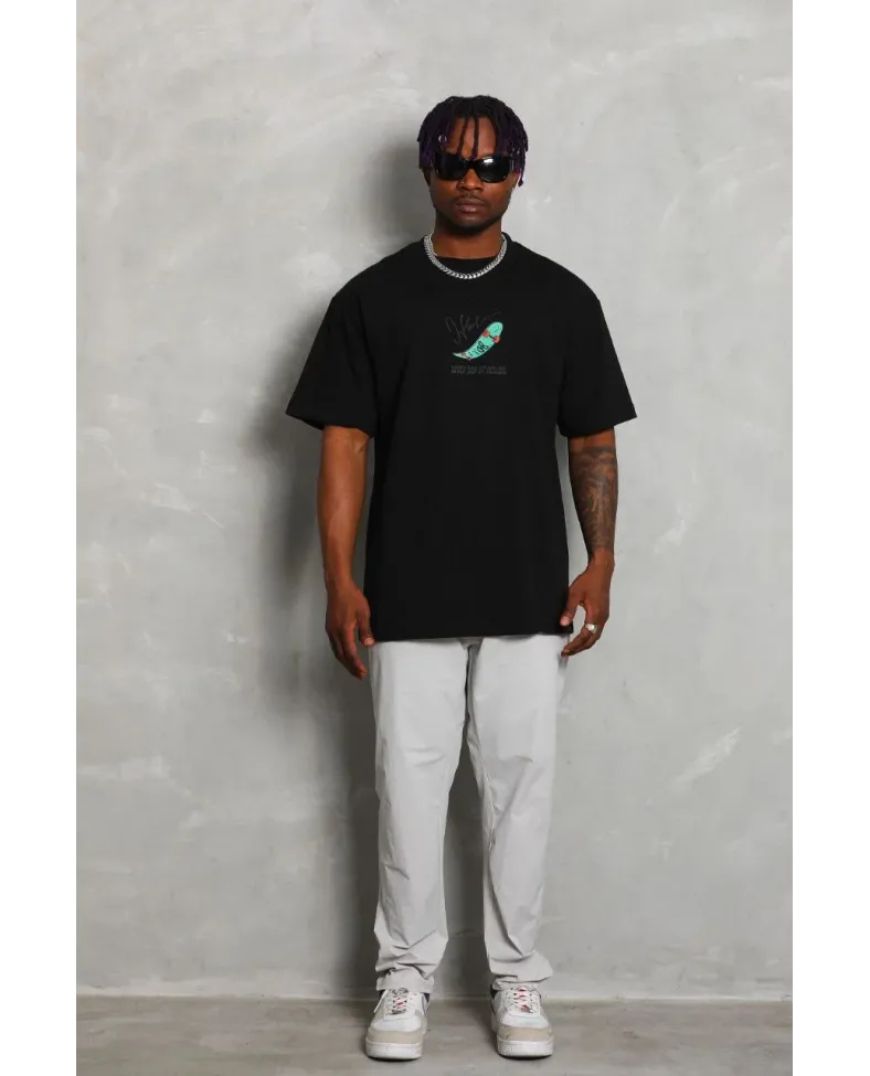 Erkek Baskılı T-Shirt Kısa Kol Bisiklet Yaka Rahat Kalıp Tişört - Siyah