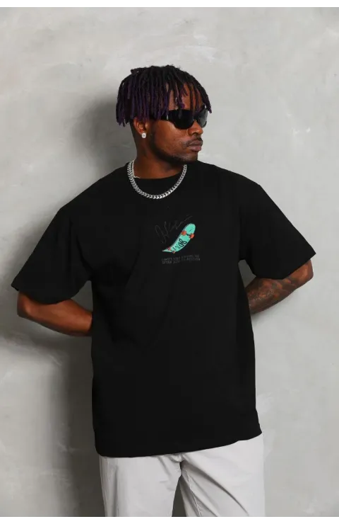 Erkek Baskılı T-Shirt Kısa Kol Bisiklet Yaka Rahat Kalıp Tişört - Siyah