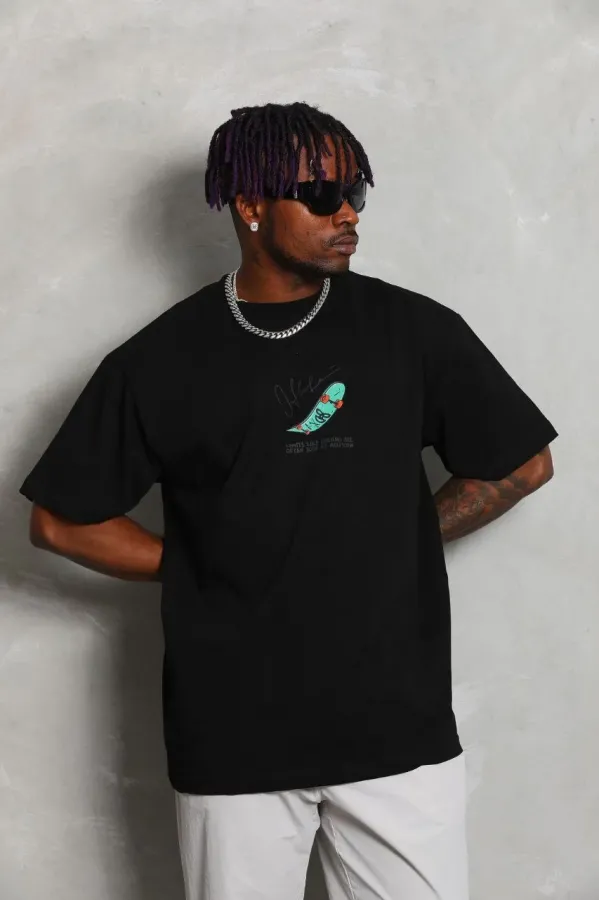 Erkek Baskılı T-Shirt Kısa Kol Bisiklet Yaka Rahat Kalıp Tişört - Siyah