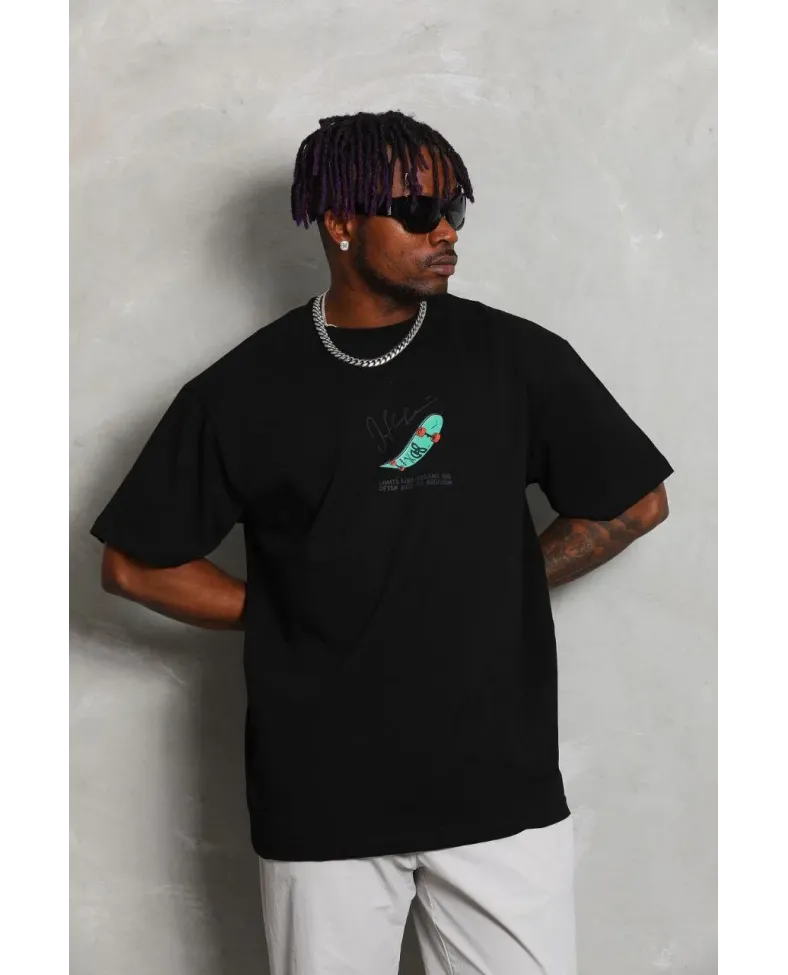 Erkek Baskılı T-Shirt Kısa Kol Bisiklet Yaka Rahat Kalıp Tişört - Siyah