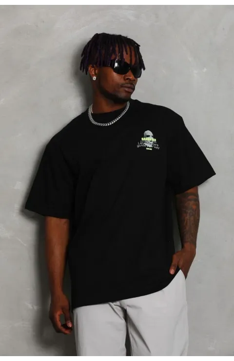 Erkek Baskılı T-Shirt Kısa Kol Bisiklet Yaka Rahat Kalıp Tişört  - Siyah