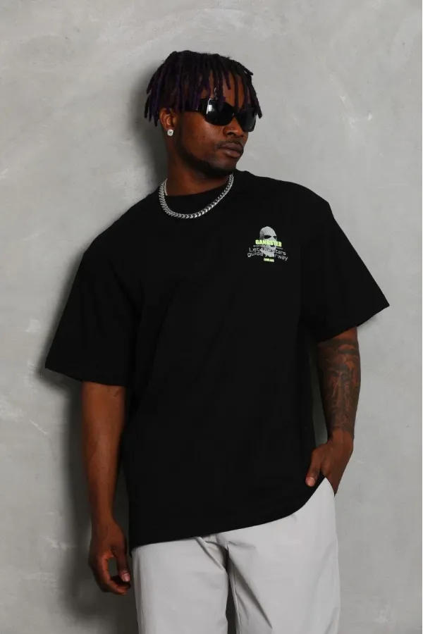 Erkek Baskılı T-Shirt Kısa Kol Bisiklet Yaka Rahat Kalıp Tişört  - Siyah