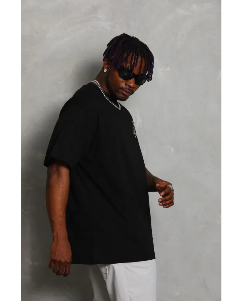 Erkek Baskılı T-Shirt Kısa Kol Bisiklet Yaka Rahat Kalıp Tişört  - Siyah