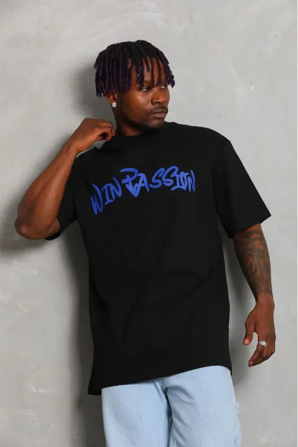 ERKEK Oversize Baskılı Bisiklet Yaka - Siyah