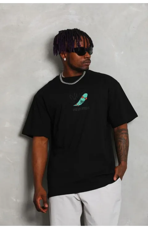 Erkek Baskılı T-Shirt Kısa Kol Bisiklet Yaka Rahat Kalıp Tişört - Siyah