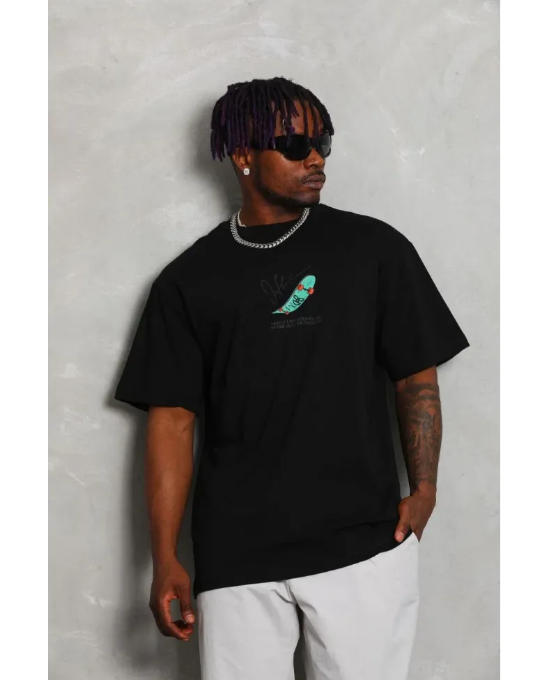 Erkek Baskılı T-Shirt Kısa Kol Bisiklet Yaka Rahat Kalıp Tişört - Siyah