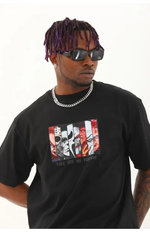 Erkek Baskılı T-Shirt Kısa Kol Bisiklet Yaka Regular Fit Rahat Kalıp Günlük Tişört - Siyah