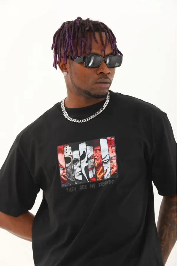 Erkek Baskılı T-Shirt Kısa Kol Bisiklet Yaka Regular Fit Rahat Kalıp Günlük Tişört - Siyah